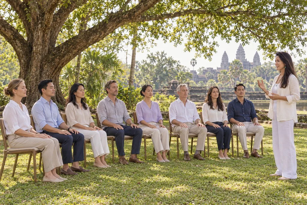 Marielisa Padilla leading a seated breathing session for a team under a large tree, Angkor Wat towers in the distance
